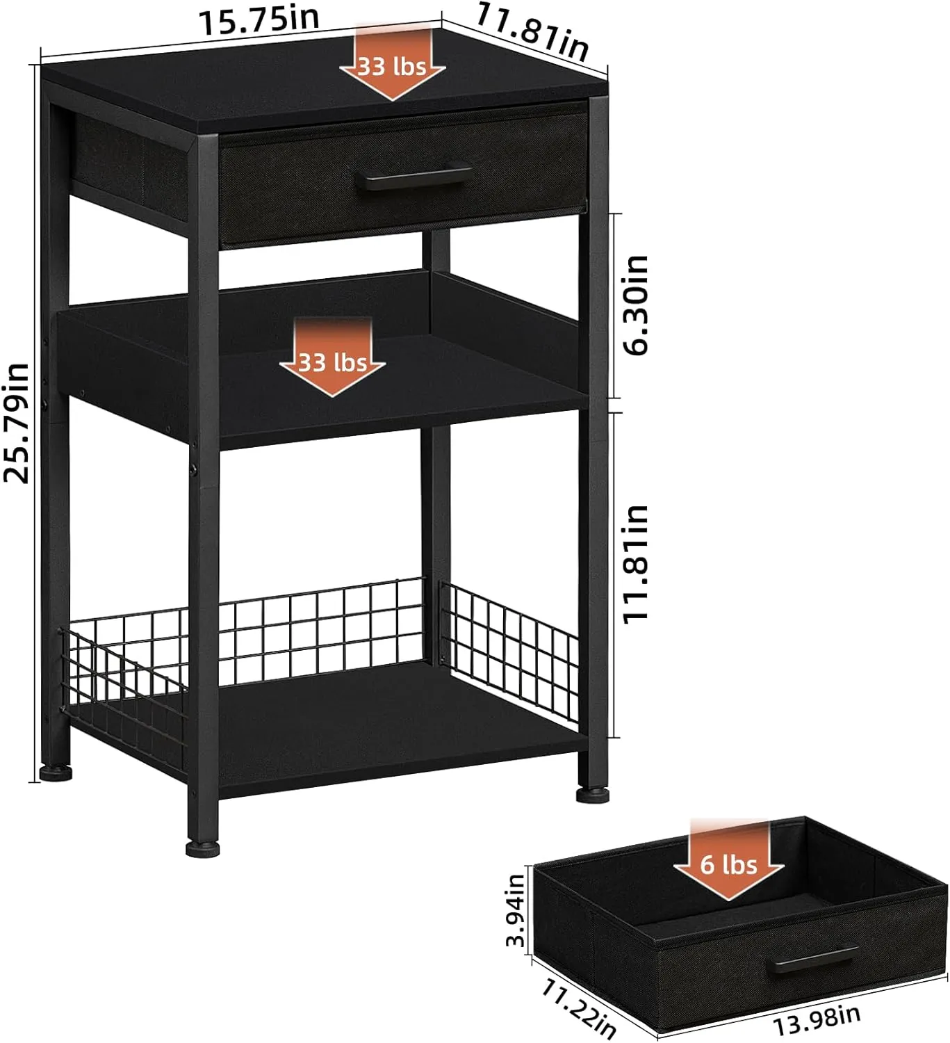 Lerliuo Pure Black Printer Table with Fabric Drawer,3 Tier Industrial Wood Printer Stand with Storage Shelf,Modern Tall End Table,Nightstand,Bed Side Tables for Scanner Fax Home Office Small Spaces