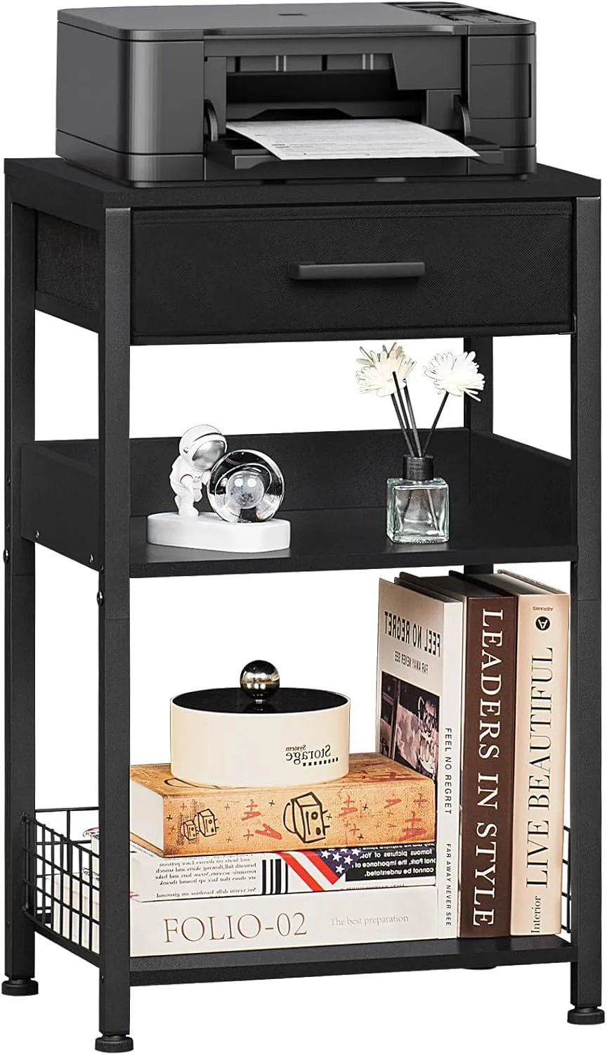 Lerliuo Pure Black Printer Table with Fabric Drawer,3 Tier Industrial Wood Printer Stand with Storage Shelf,Modern Tall End Table,Nightstand,Bed Side Tables for Scanner Fax Home Office Small Spaces