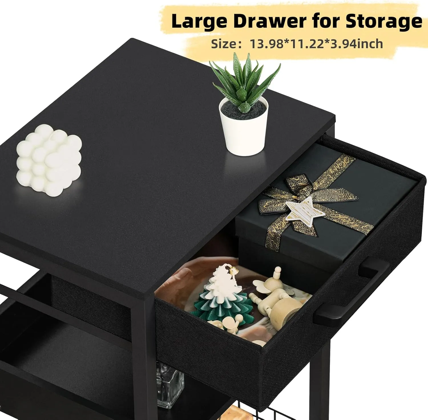 Lerliuo Pure Black Printer Table with Fabric Drawer,3 Tier Industrial Wood Printer Stand with Storage Shelf,Modern Tall End Table,Nightstand,Bed Side Tables for Scanner Fax Home Office Small Spaces