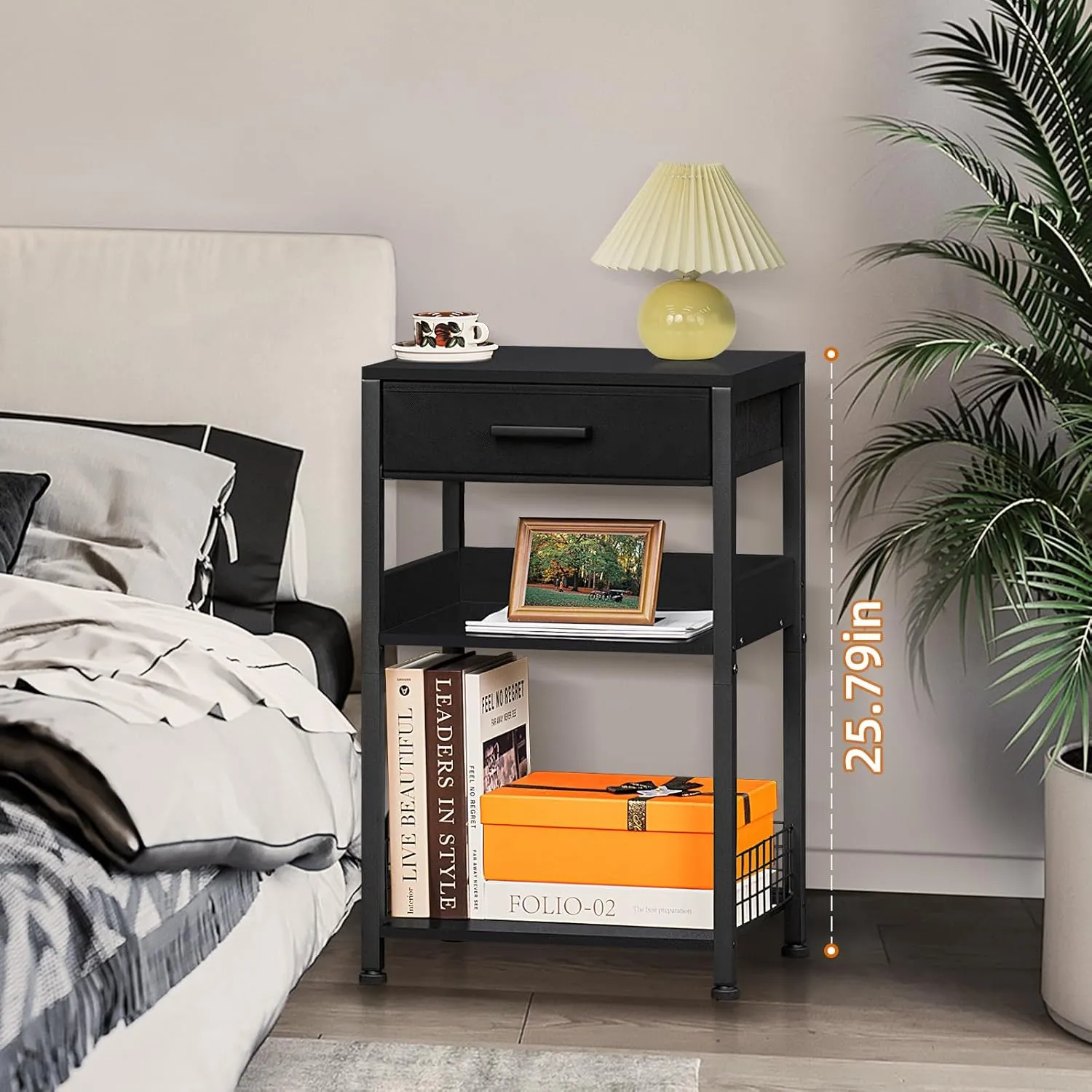 Lerliuo Pure Black Printer Table with Fabric Drawer,3 Tier Industrial Wood Printer Stand with Storage Shelf,Modern Tall End Table,Nightstand,Bed Side Tables for Scanner Fax Home Office Small Spaces