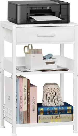 Lerliuo White Printer Stand with Fabric Drawer, 3 Tier Industrial Side Table, Modern Small Printer Desk Holder with Storage Shelf,Multi-Functional Bedside Tables for Home Office Fax Machine Scanner