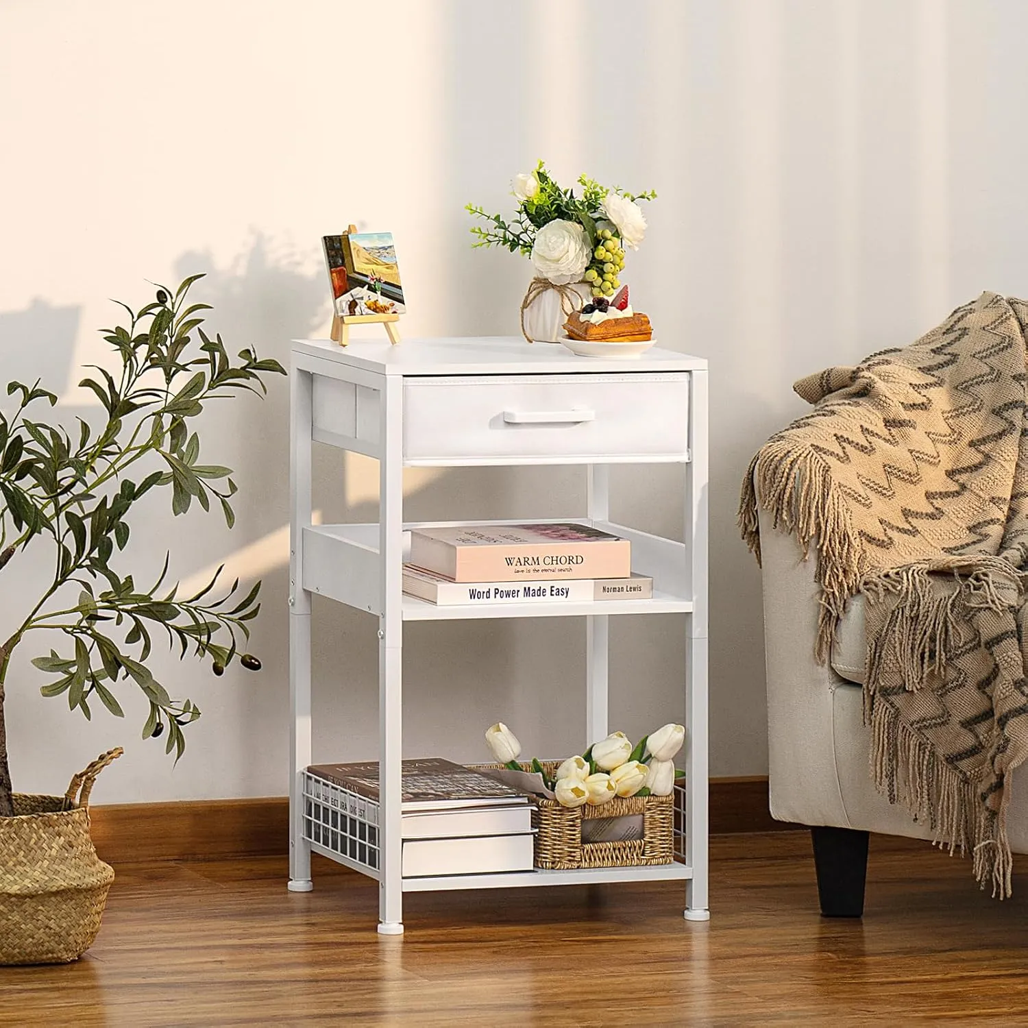 Lerliuo White Printer Stand with Fabric Drawer, 3 Tier Industrial Side Table, Modern Small Printer Desk Holder with Storage Shelf,Multi-Functional Bedside Tables for Home Office Fax Machine Scanner