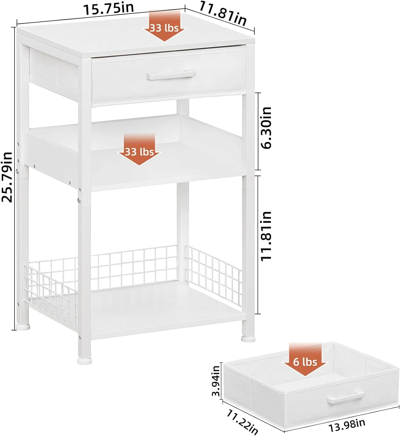 Lerliuo White Printer Stand with Fabric Drawer, 3 Tier Industrial Side Table, Modern Small Printer Desk Holder with Storage Shelf,Multi-Functional Bedside Tables for Home Office Fax Machine Scanner