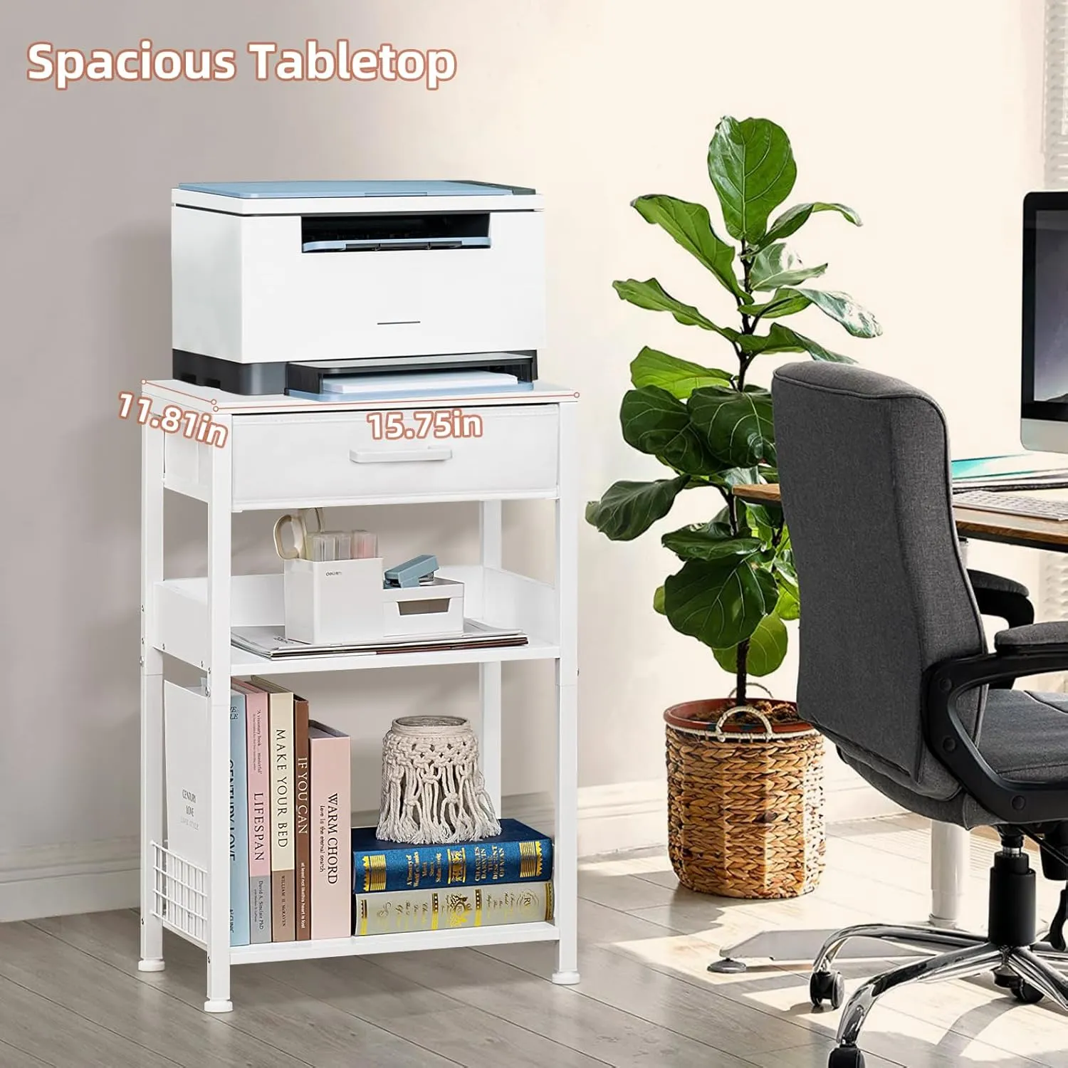 Lerliuo White Printer Stand with Fabric Drawer, 3 Tier Industrial Side Table, Modern Small Printer Desk Holder with Storage Shelf,Multi-Functional Bedside Tables for Home Office Fax Machine Scanner