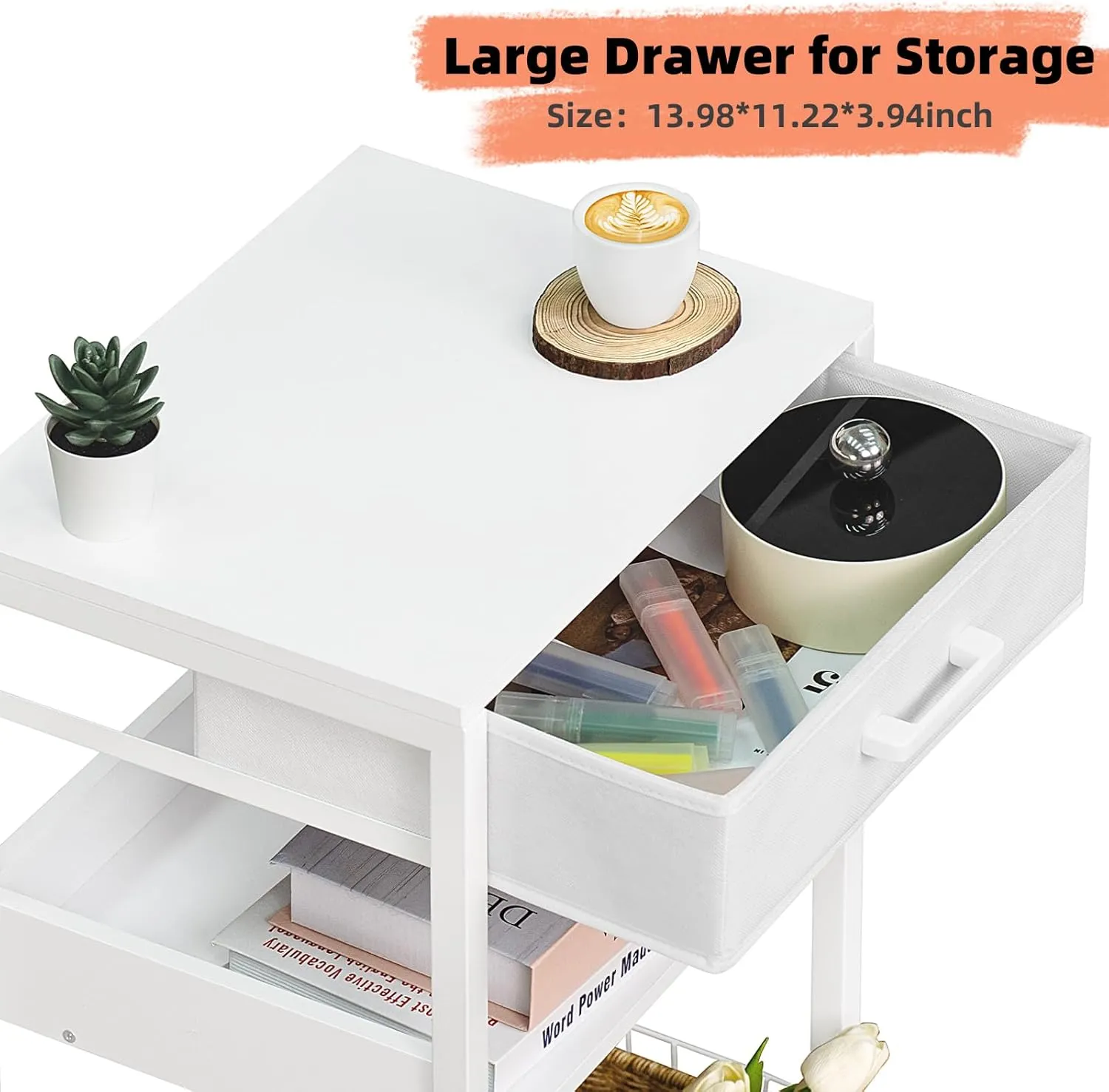 Lerliuo White Printer Stand with Fabric Drawer, 3 Tier Industrial Side Table, Modern Small Printer Desk Holder with Storage Shelf,Multi-Functional Bedside Tables for Home Office Fax Machine Scanner