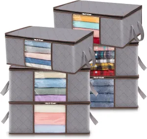 Lifewit 6 Pack Clothes Storage Bag, Foldable Storage Bin Closet Organizer with Reinforced Handle, Sturdy Fabric Blanket Storage with Clear Window, Storage Containers for Clothing, Bedding, Light Gray
