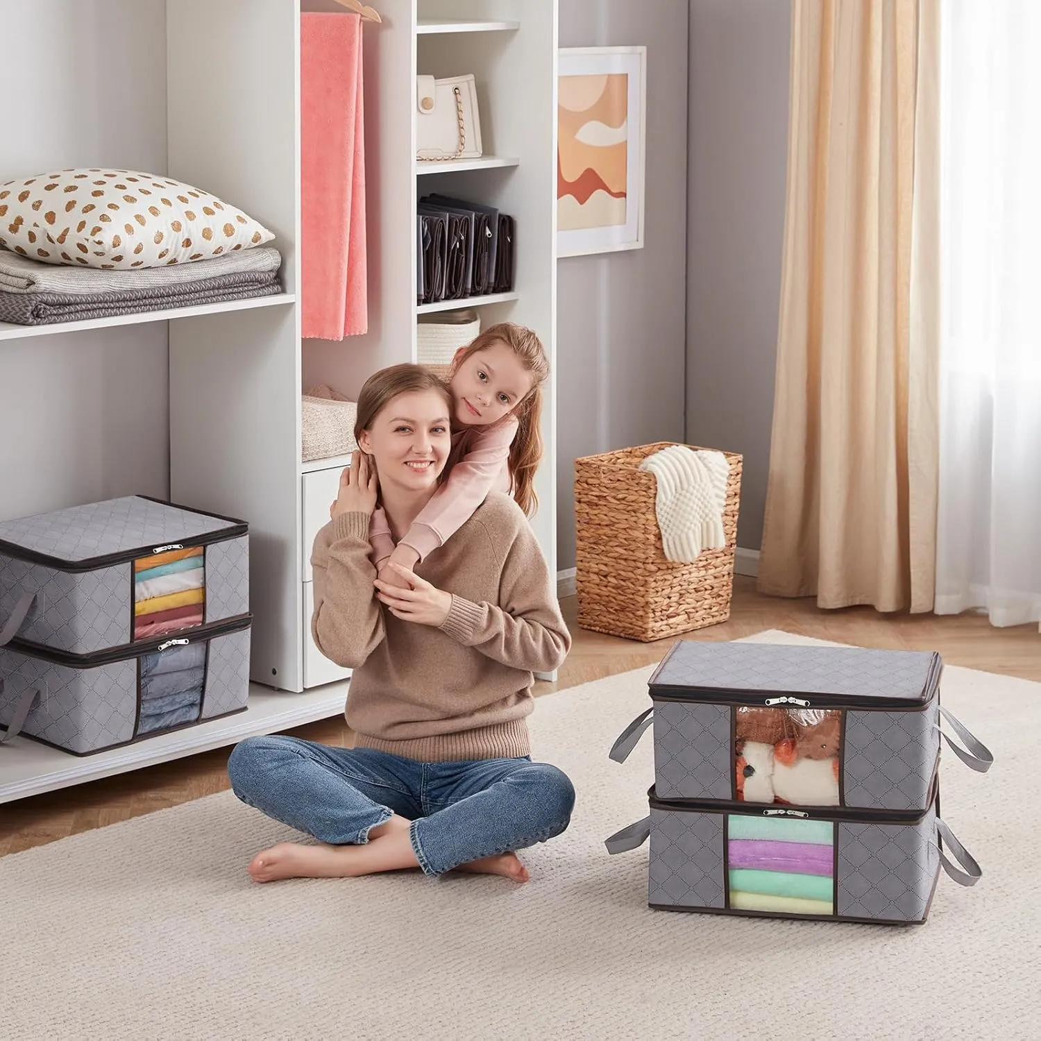Lifewit 6 Pack Clothes Storage Bag, Foldable Storage Bin Closet Organizer with Reinforced Handle, Sturdy Fabric Blanket Storage with Clear Window, Storage Containers for Clothing, Bedding, Light Gray