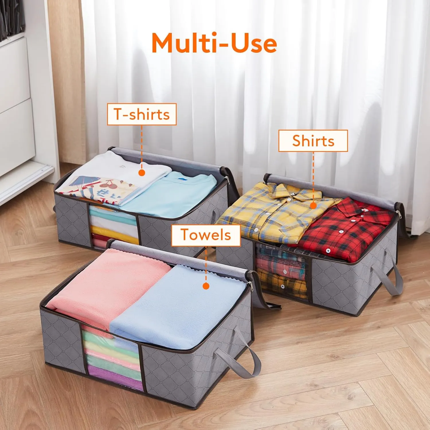 Lifewit 6 Pack Clothes Storage Bag, Foldable Storage Bin Closet Organizer with Reinforced Handle, Sturdy Fabric Blanket Storage with Clear Window, Storage Containers for Clothing, Bedding, Light Gray