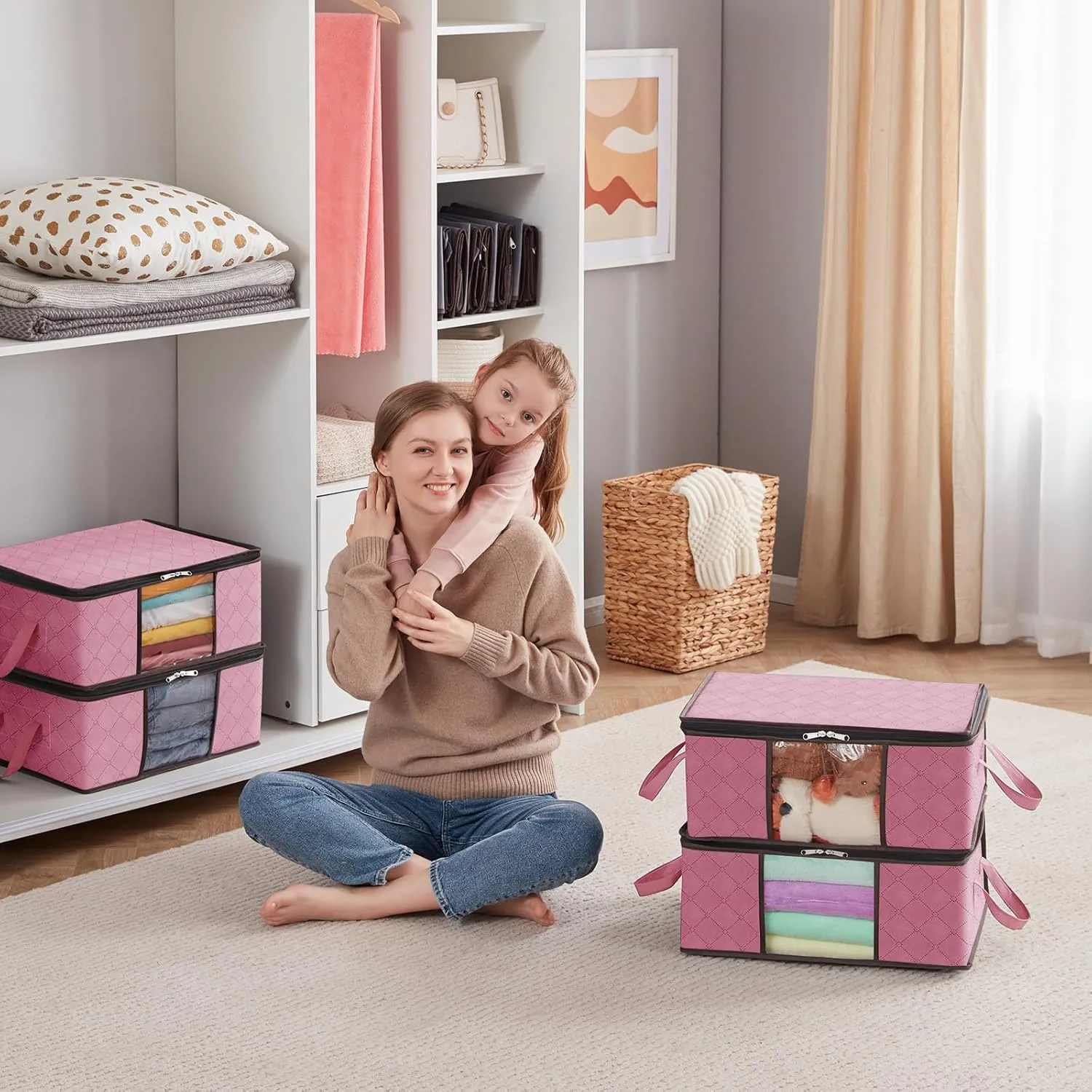 Lifewit 6 Pack Clothes Storage Bag, Foldable Storage Bin Closet Organizer with Reinforced Handle, Sturdy Fabric Blanket Storage with Clear Window, Storage Containers for Clothing, Bedding, Pink