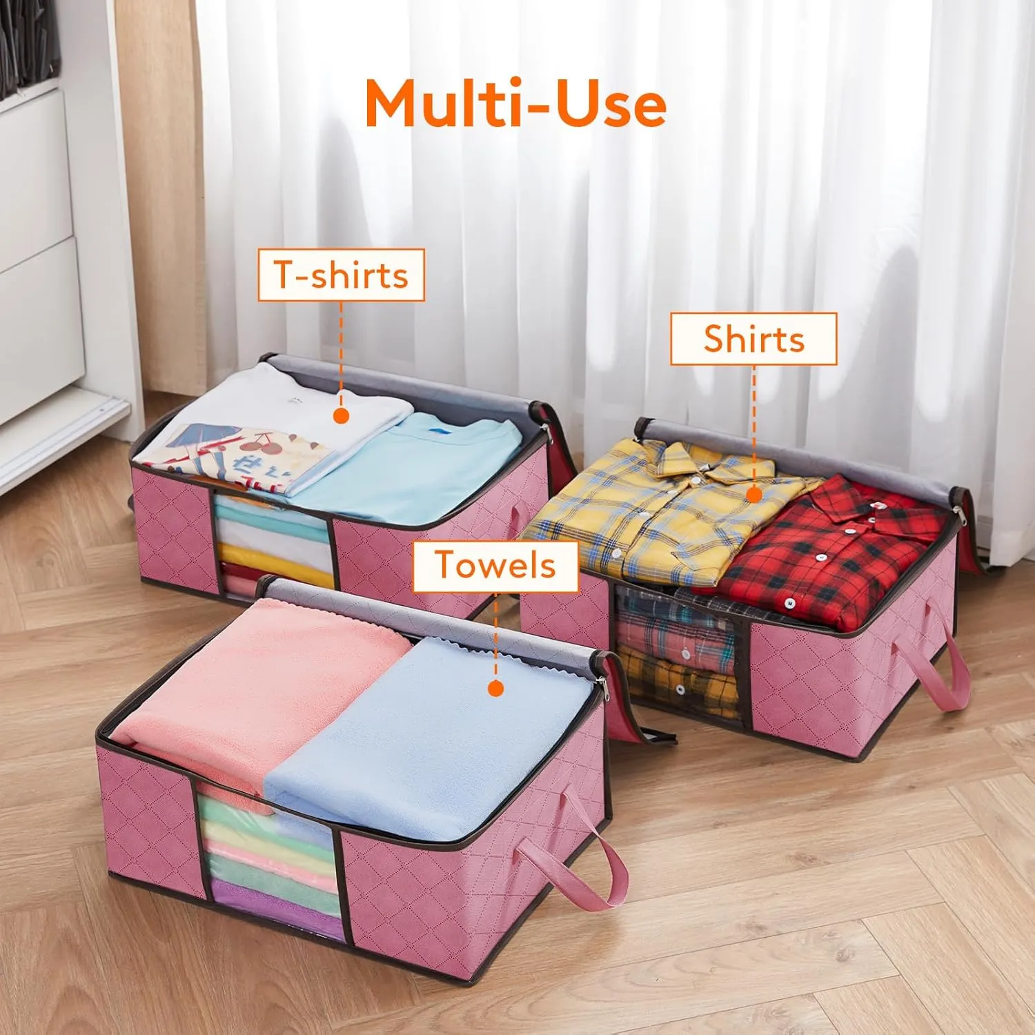Lifewit 6 Pack Clothes Storage Bag, Foldable Storage Bin Closet Organizer with Reinforced Handle, Sturdy Fabric Blanket Storage with Clear Window, Storage Containers for Clothing, Bedding, Pink