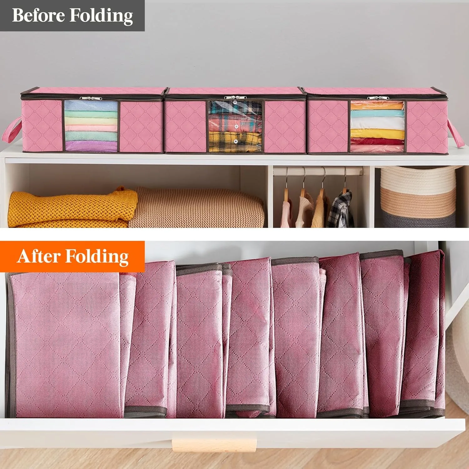 Lifewit 6 Pack Clothes Storage Bag, Foldable Storage Bin Closet Organizer with Reinforced Handle, Sturdy Fabric Blanket Storage with Clear Window, Storage Containers for Clothing, Bedding, Pink