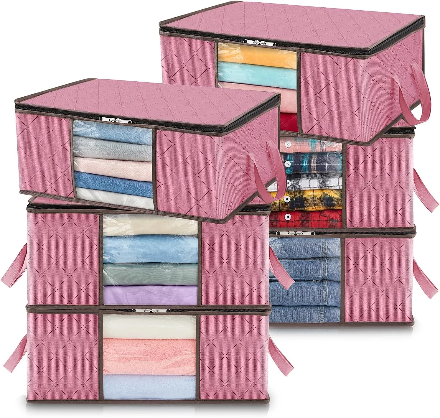 Lifewit 6 Pack Clothes Storage Bag, Foldable Storage Bin Closet Organizer with Reinforced Handle, Sturdy Fabric Blanket Storage with Clear Window, Storage Containers for Clothing, Bedding, Pink