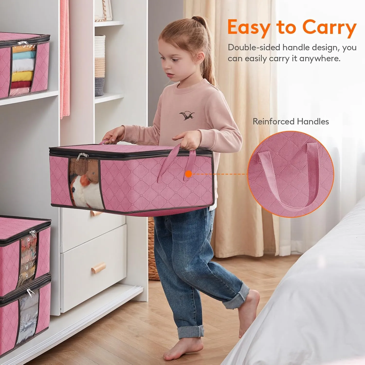 Lifewit 6 Pack Clothes Storage Bag, Foldable Storage Bin Closet Organizer with Reinforced Handle, Sturdy Fabric Blanket Storage with Clear Window, Storage Containers for Clothing, Bedding, Pink