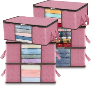 Lifewit 6 Pack Clothes Storage Bag, Foldable Storage Bin Closet Organizer with Reinforced Handle, Sturdy Fabric Blanket Storage with Clear Window, Storage Containers for Clothing, Bedding, Pink
