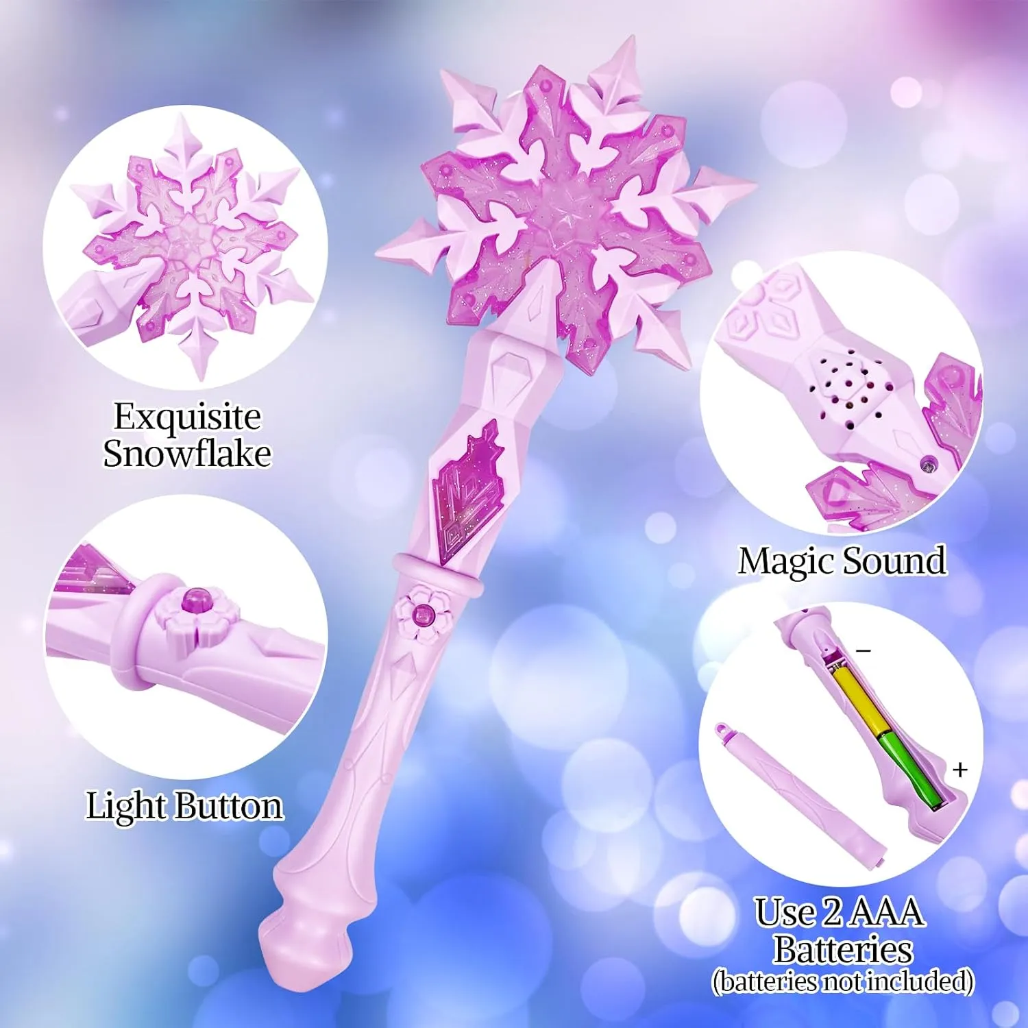 Light Up Frozen Snowflake Wand with Sound(Motion Sensitive) Magic Toy for Kids Girls Princess Party Favors Costume Cosplay Accessories 2 Pieces Blue & Pink