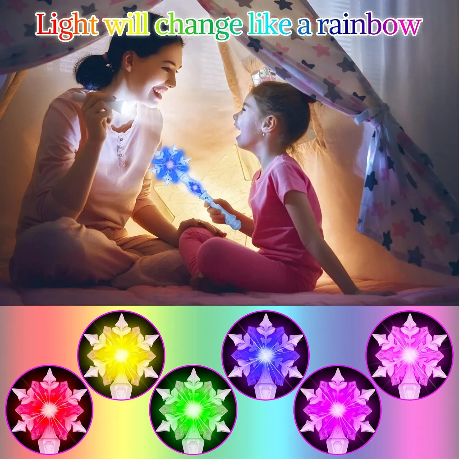 Light Up Frozen Snowflake Wand with Sound(Motion Sensitive) Magic Toy for Kids Girls Princess Party Favors Costume Cosplay Accessories 2 Pieces Blue & Pink