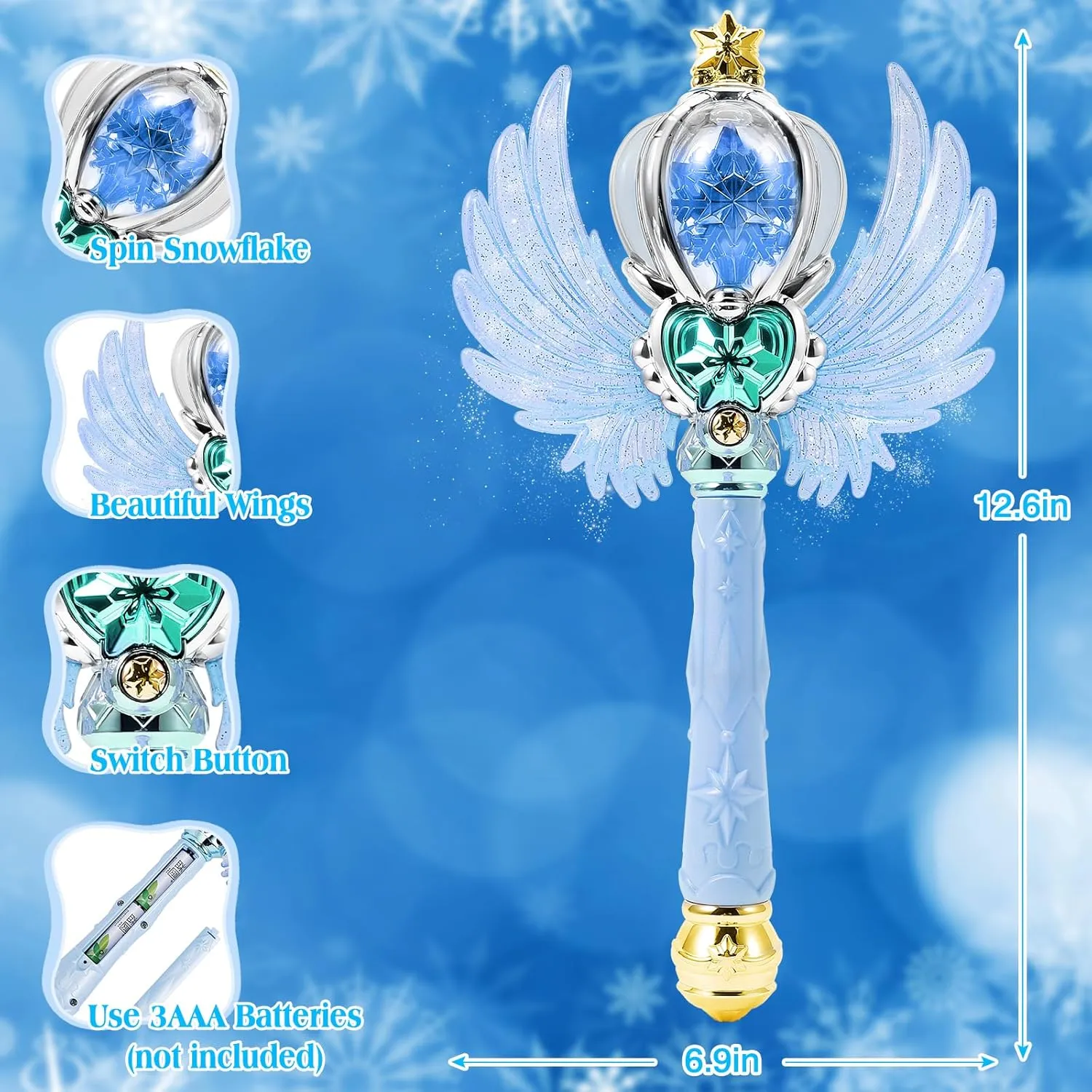Light Up Snowflake Wand with Spinning LEDs and Sound Magic Princess Toys for Kids Girls Birthday Cosplay Party Favors, Blue