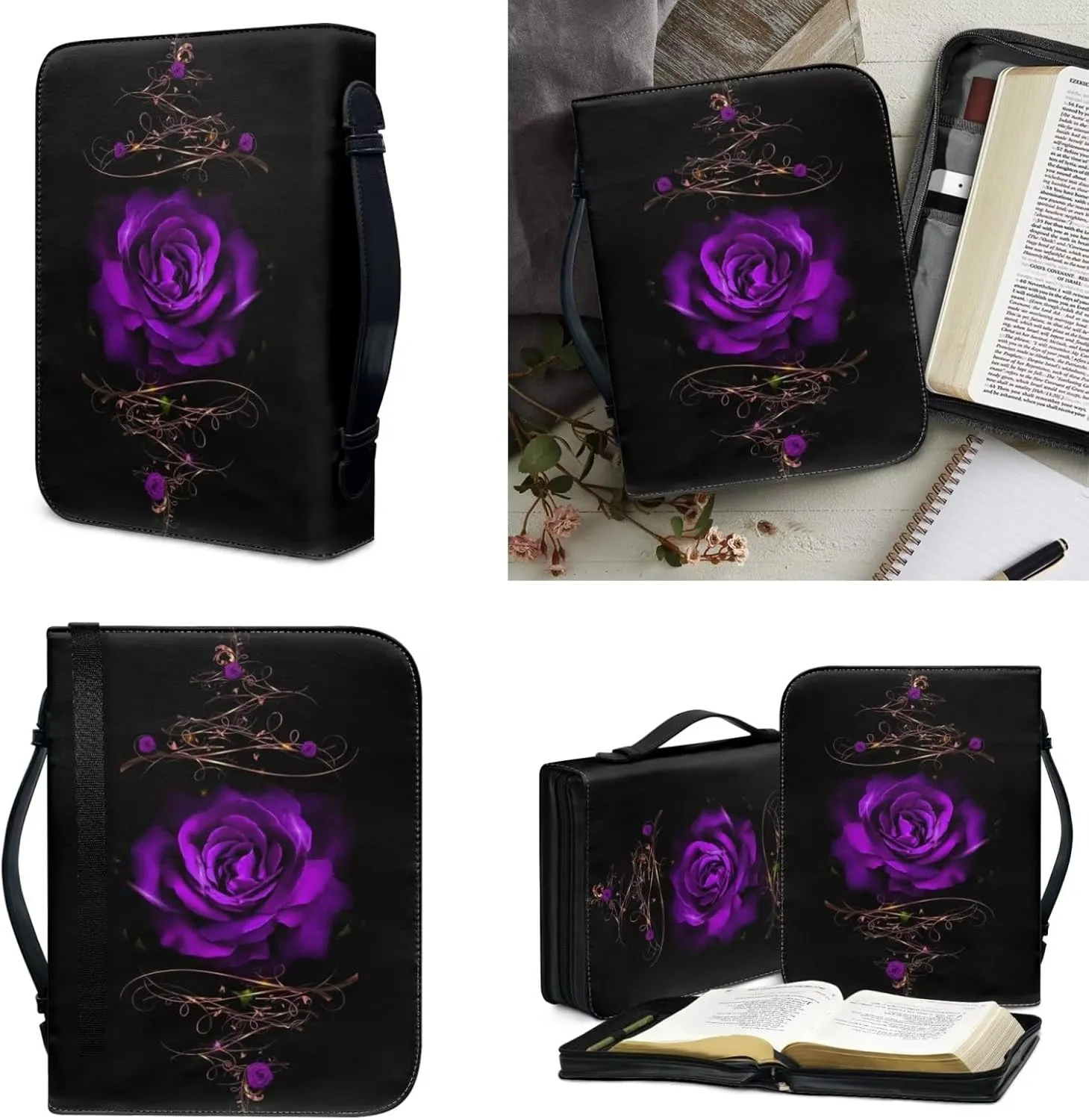 Lightweight Bible Cover Retro Rose Purple Flower Print, Zippered Book Cover Church Bible Carrier with Bookmarks Books Holder for Women Men Prayer Travel Outdoor, 2XL