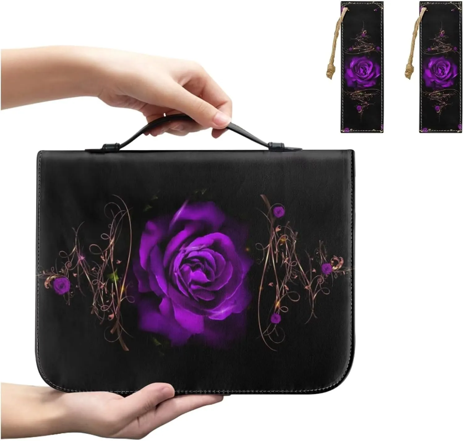 Lightweight Bible Cover Retro Rose Purple Flower Print, Zippered Book Cover Church Bible Carrier with Bookmarks Books Holder for Women Men Prayer Travel Outdoor, 2XL
