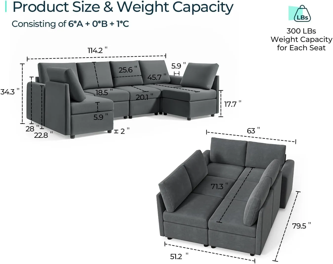 LINSY HOME Modular Sofa, Sectional Couch U Shaped Sofa with Storage, Memory Foam, 6 Seat Sectionals Chaise for Living Room, Dark Grey