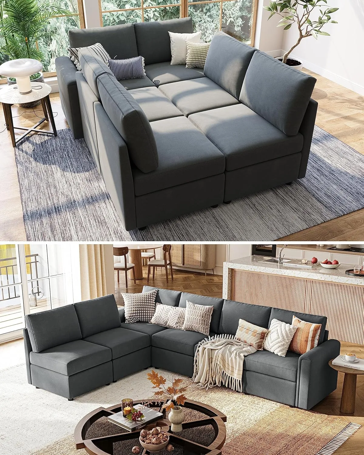 LINSY HOME Modular Sofa, Sectional Couch U Shaped Sofa with Storage, Memory Foam, 6 Seat Sectionals Chaise for Living Room, Dark Grey