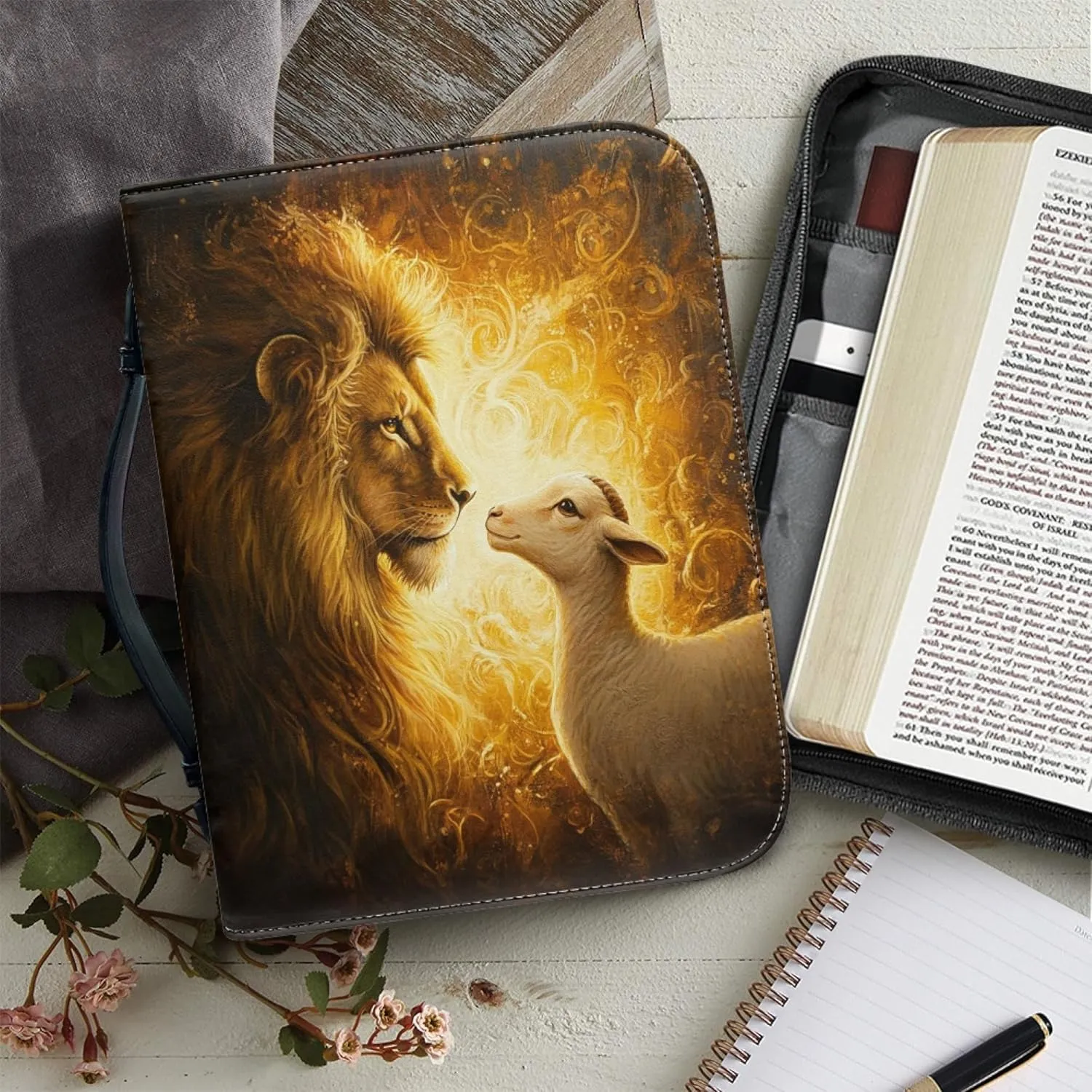 Lion and Lamb Bible Covers for Men Leather Bible Case for Men Lion Sheep Bible Covers Leather Bible Cover for Men Bible Tote Bag Light Mens Bible Case Small 8x5