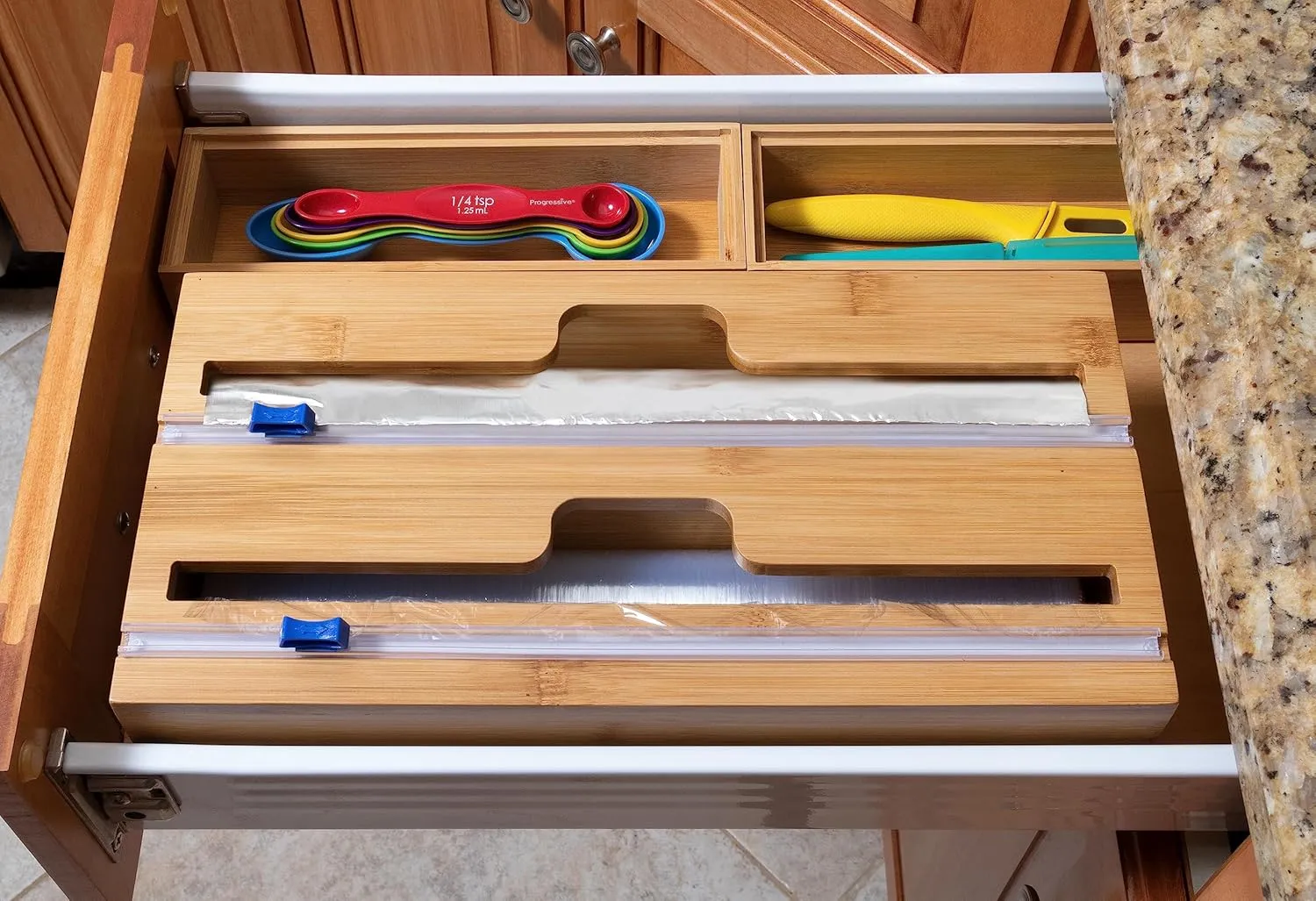 Lipper International Bamboo Dispenser with Cutter for Aluminum Foil, Plastic Wrap, or Wax Paper, 2-in-1, 13 7/8" x 6 3/4" x 4"