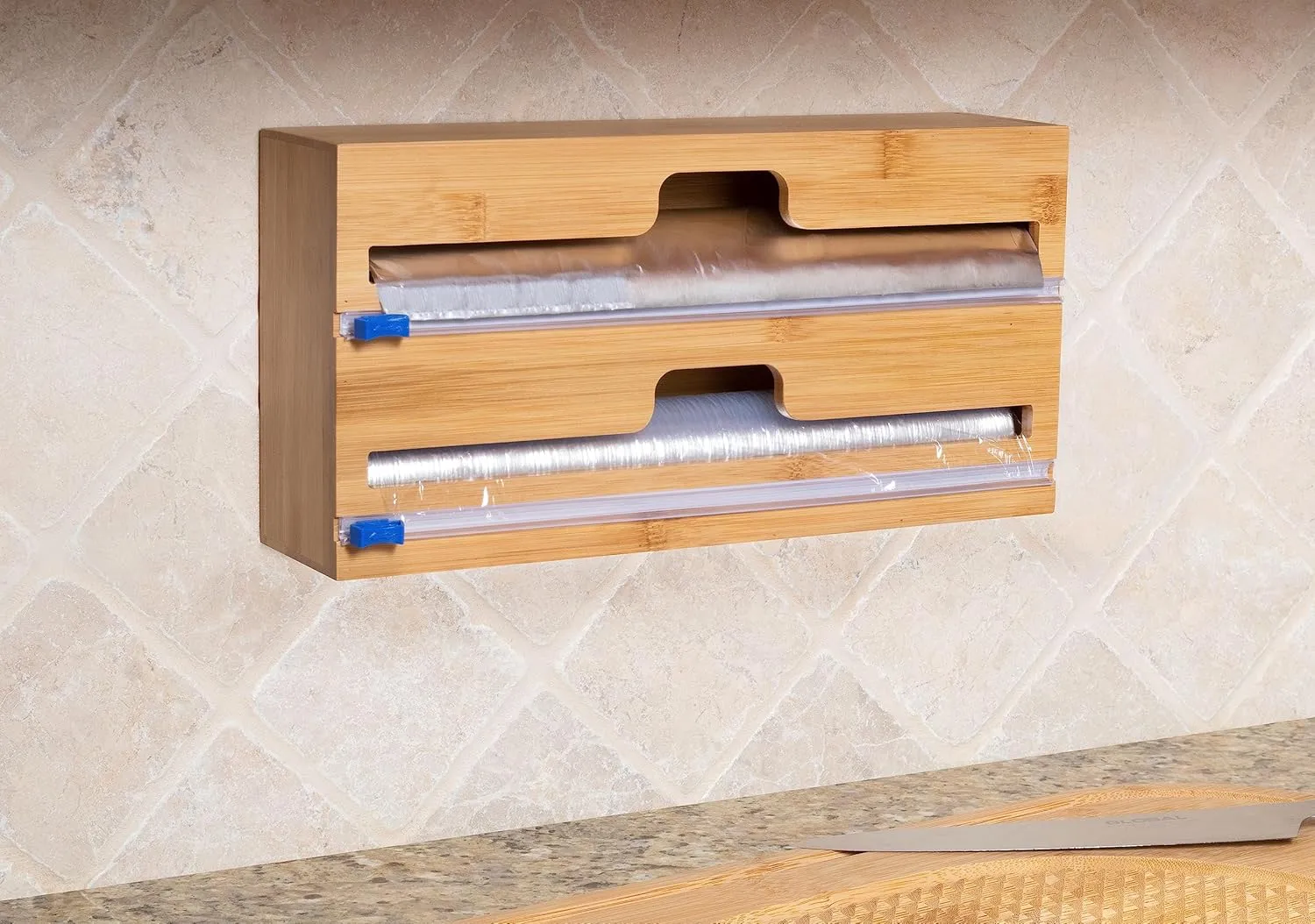 Lipper International Bamboo Dispenser with Cutter for Aluminum Foil, Plastic Wrap, or Wax Paper, 2-in-1, 13 7/8" x 6 3/4" x 4"