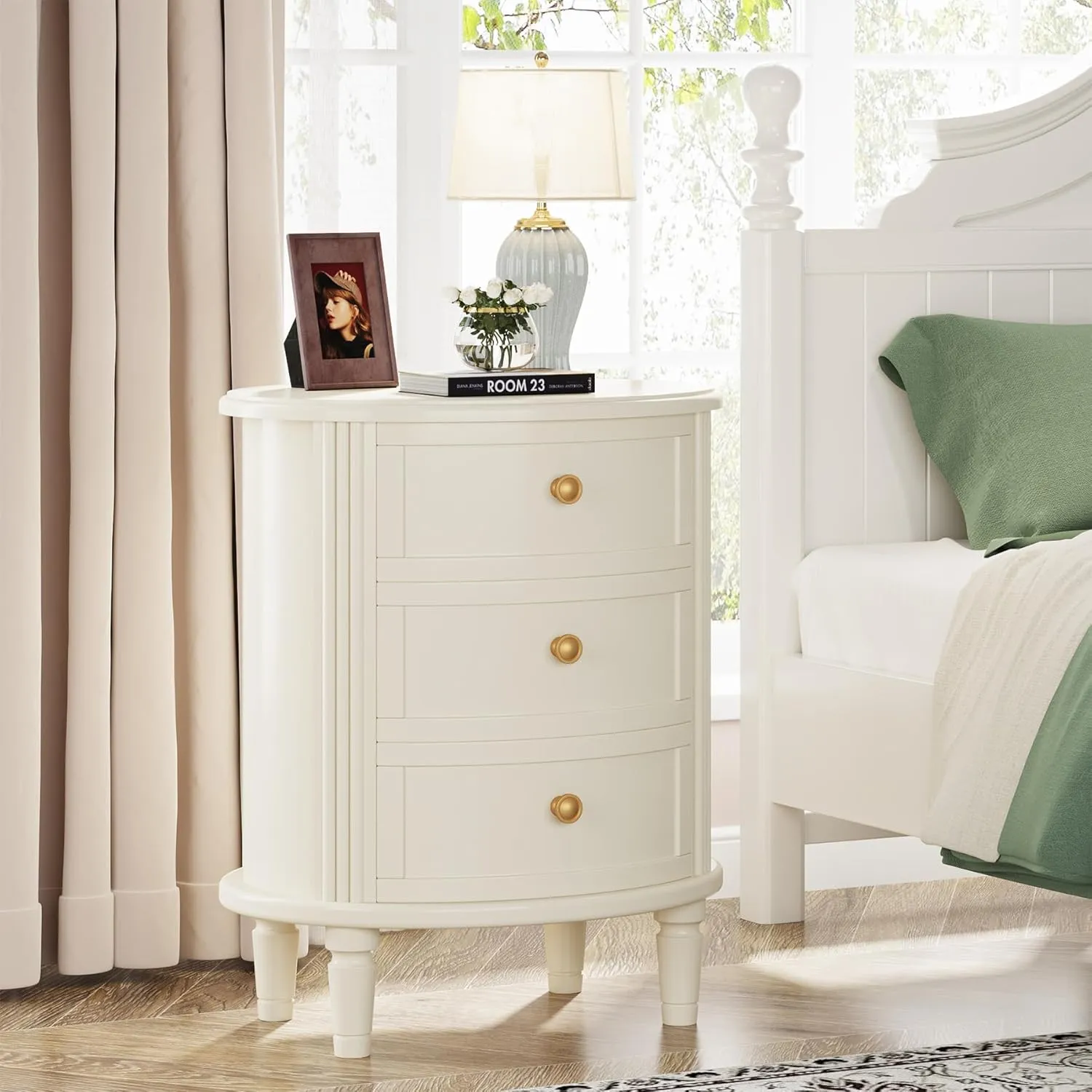LITTLE TREE No Assembly Nightstand with 3 Drawers, Farmhouse Off-White Bedside Table for Bedroom, All Wooden Oval Nightstand with Storage