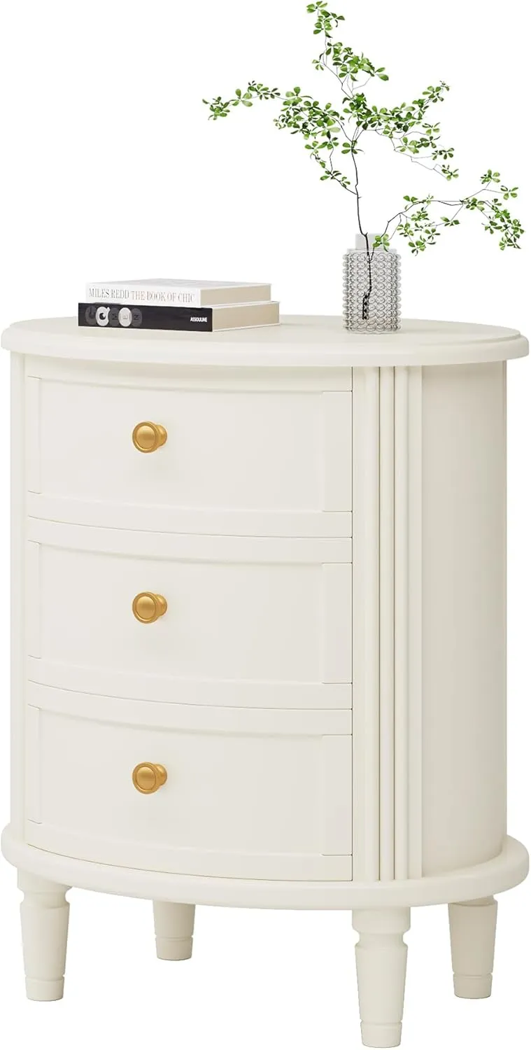LITTLE TREE No Assembly Nightstand with 3 Drawers, Farmhouse Off-White Bedside Table for Bedroom, All Wooden Oval Nightstand with Storage