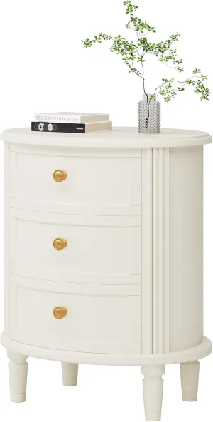 LITTLE TREE No Assembly Nightstand with 3 Drawers, Farmhouse Off-White Bedside Table for Bedroom, All Wooden Oval Nightstand with Storage