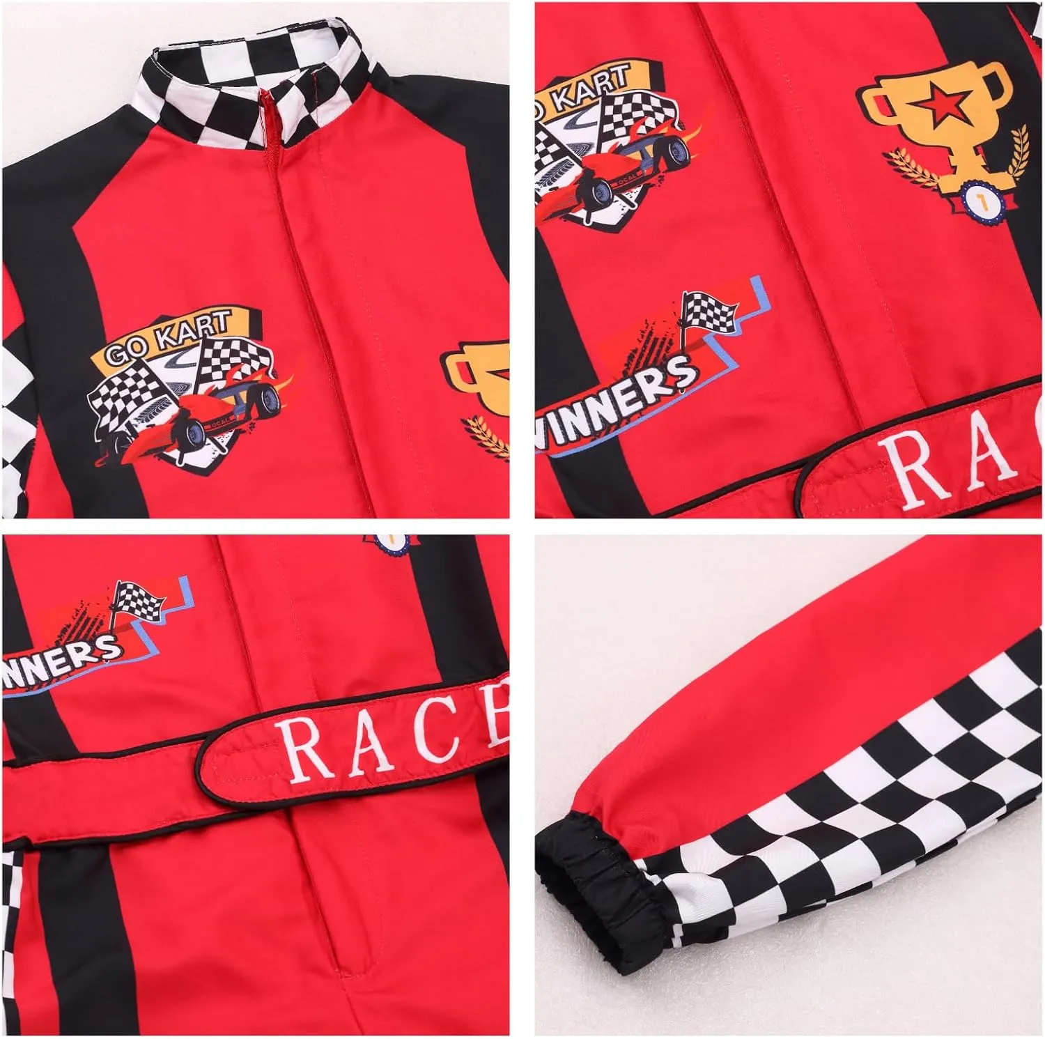 LMYOVE Boy Race Car Driver Cost Girl Kids Racer Jumpsuit with Car Cap Flag Medal Halloween Racing Suit Role Play