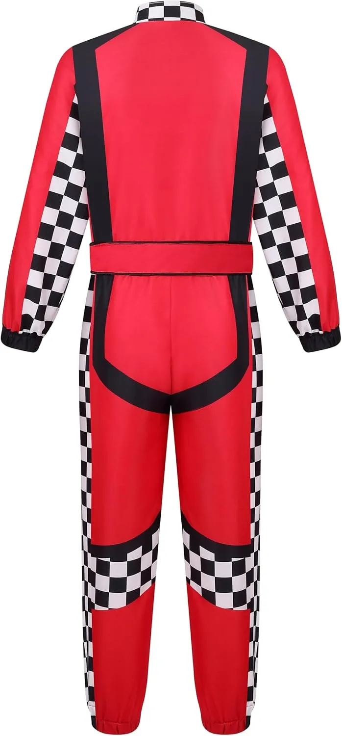 LMYOVE Boy Race Car Driver Cost Girl Kids Racer Jumpsuit with Car Cap Flag Medal Halloween Racing Suit Role Play