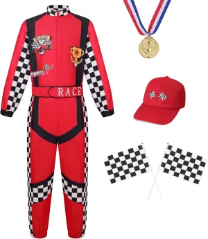 LMYOVE Boy Race Car Driver Cost Girl Kids Racer Jumpsuit with Car Cap Flag Medal Halloween Racing Suit Role Play