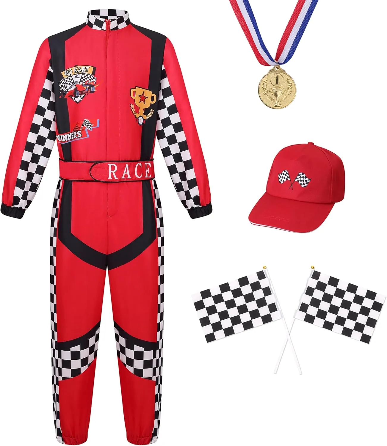 LMYOVE Boy Race Car Driver Cost Girl Kids Racer Jumpsuit with Car Cap Flag Medal Halloween Racing Suit Role Play