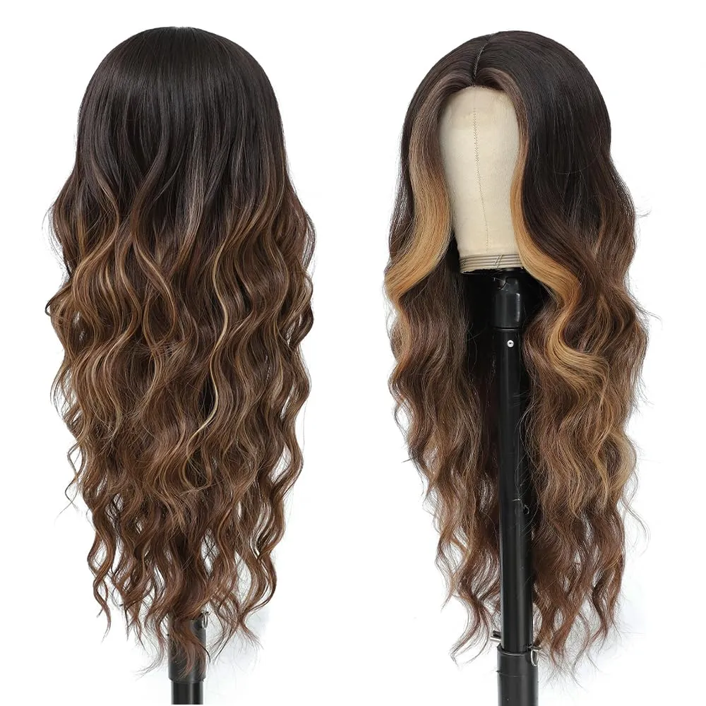 Long Brown Mixed Blonde Wigs for Women Highlights 26inch Wavy Curly Wig Natural Looking Middle Part Synthetic Heat Resistant Hair Replacement Wigs for Daily