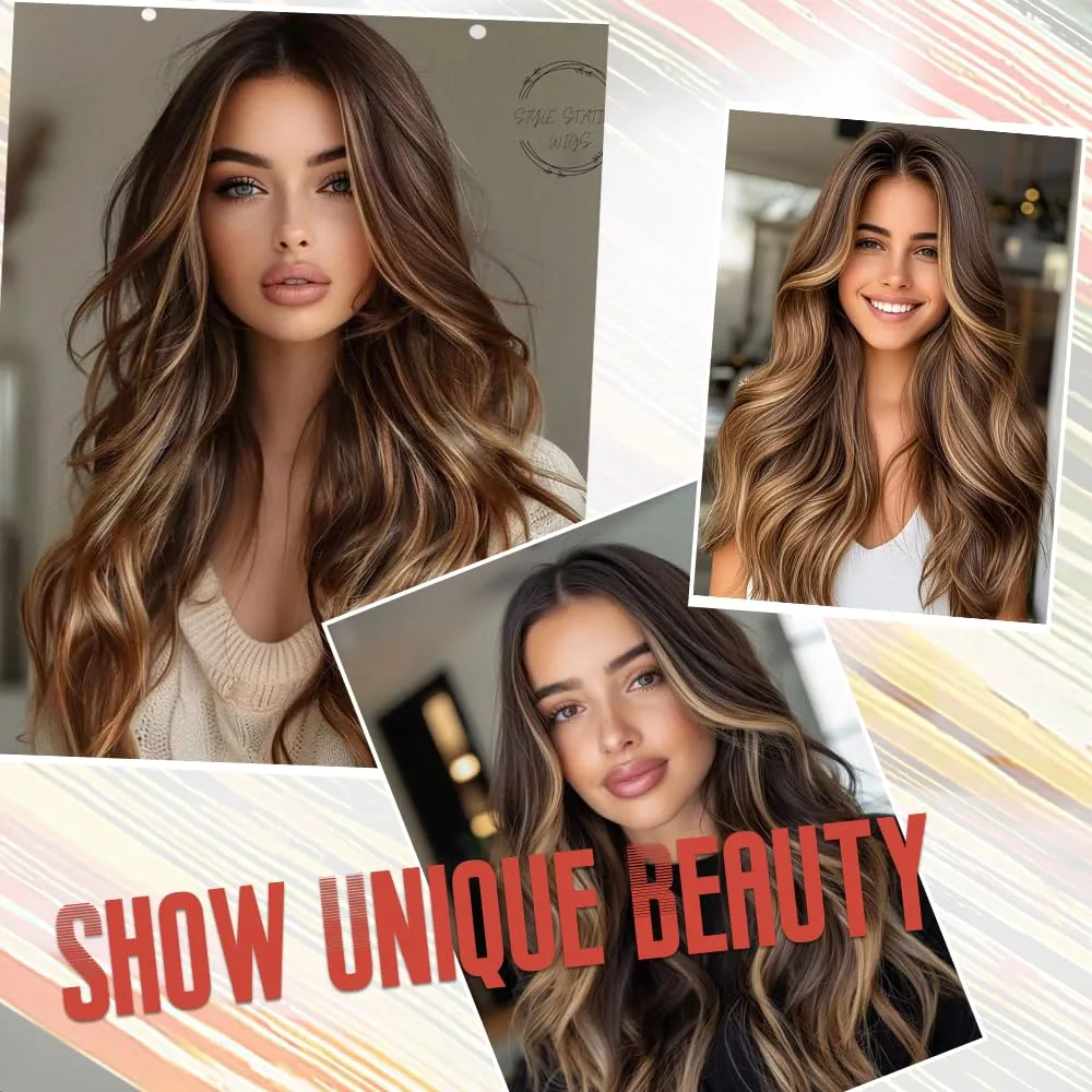 Long Brown Mixed Blonde Wigs for Women Highlights 26inch Wavy Curly Wig Natural Looking Middle Part Synthetic Heat Resistant Hair Replacement Wigs for Daily