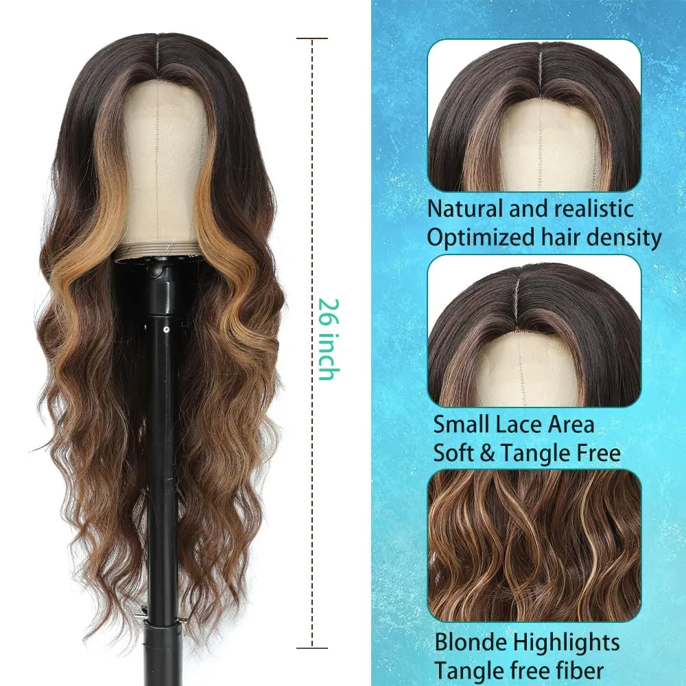 Long Brown Mixed Blonde Wigs for Women Highlights 26inch Wavy Curly Wig Natural Looking Middle Part Synthetic Heat Resistant Hair Replacement Wigs for Daily