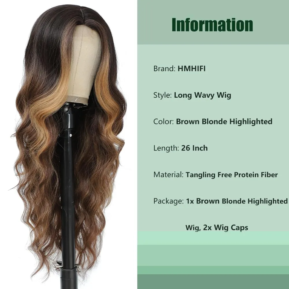 Long Brown Mixed Blonde Wigs for Women Highlights 26inch Wavy Curly Wig Natural Looking Middle Part Synthetic Heat Resistant Hair Replacement Wigs for Daily