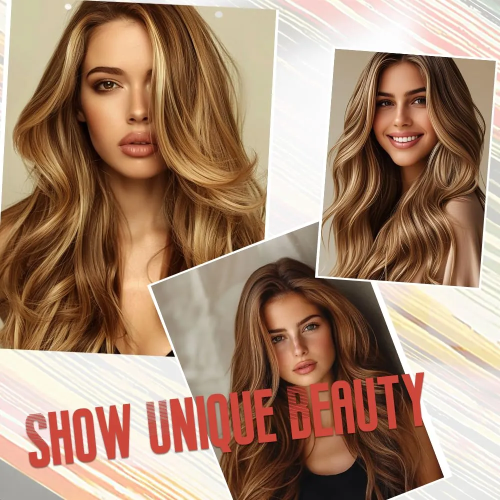 Long Brown Mixed Blonde Wigs for Women Highlights Blonde Wig Natural Middle Part Synthetic Curly Hair Heat Resistant Fiber Hair Replacement Wigs for Daily Party