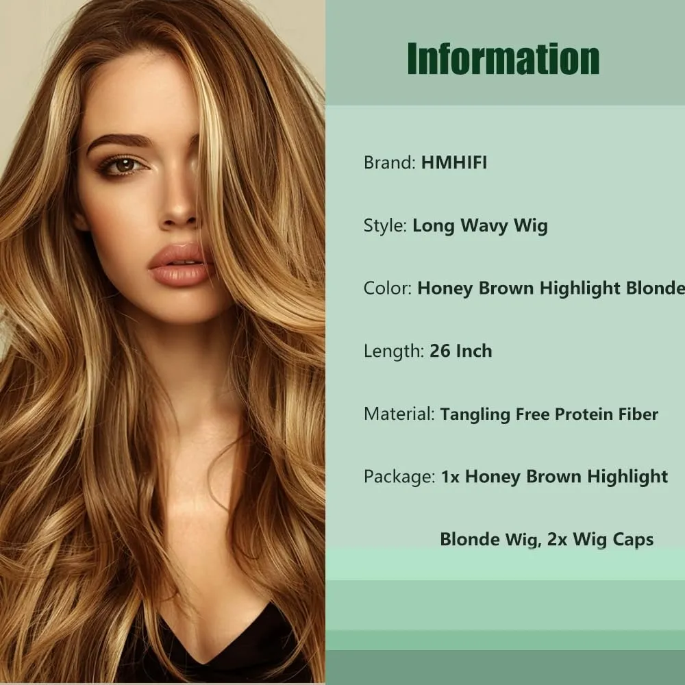 Long Brown Mixed Blonde Wigs for Women Highlights Blonde Wig Natural Middle Part Synthetic Curly Hair Heat Resistant Fiber Hair Replacement Wigs for Daily Party