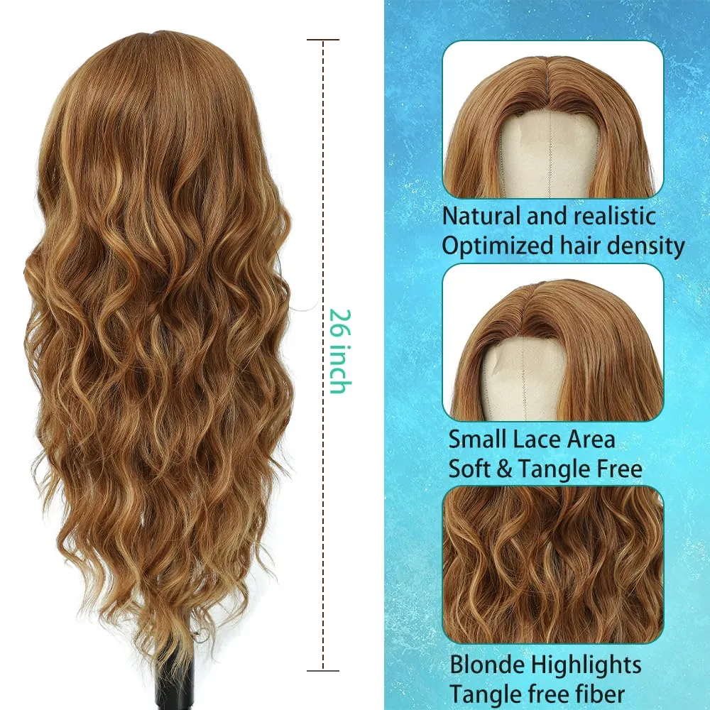 Long Brown Mixed Blonde Wigs for Women Highlights Blonde Wig Natural Middle Part Synthetic Curly Hair Heat Resistant Fiber Hair Replacement Wigs for Daily Party