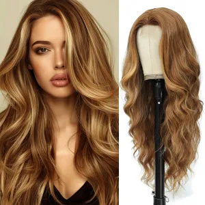 Long Brown Mixed Blonde Wigs for Women Highlights Blonde Wig Natural Middle Part Synthetic Curly Hair Heat Resistant Fiber Hair Replacement Wigs for Daily Party