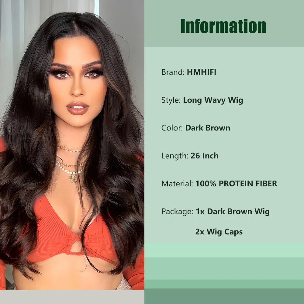 Long Brown Wig for Women 26Inch Wavy Curly Dark Brunette Hair Wigs Synthetic Hair Replacement Heat Resistant Hair Wig for Daily Party Use