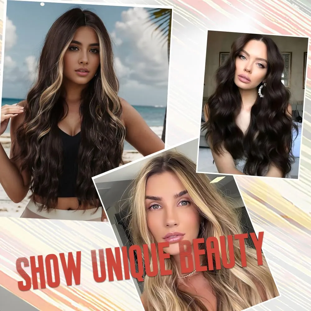 Long Brown Wig for Women 26Inch Wavy Curly Dark Brunette Hair Wigs Synthetic Hair Replacement Heat Resistant Hair Wig for Daily Party Use