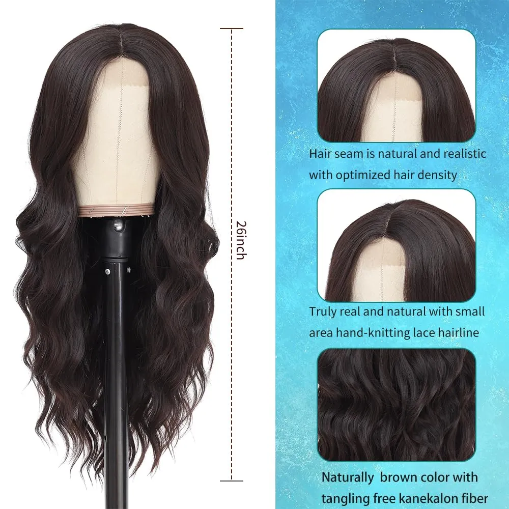 Long Brown Wig for Women 26Inch Wavy Curly Dark Brunette Hair Wigs Synthetic Hair Replacement Heat Resistant Hair Wig for Daily Party Use