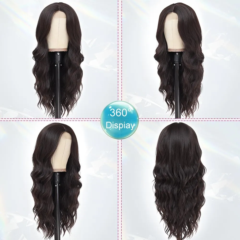 Long Brown Wig for Women 26Inch Wavy Curly Dark Brunette Hair Wigs Synthetic Hair Replacement Heat Resistant Hair Wig for Daily Party Use