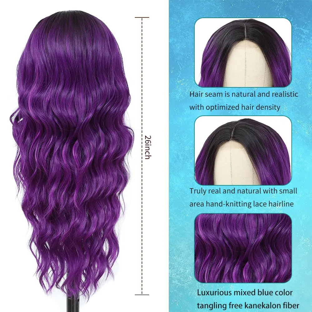 Long Ombre Purple Wig for Women 26Inch Mixed Dark Purple Wavy Curly Hair Wigs Synthetic Hair Replacement Wig Heat Resistant Hair Wig for Daily Party Use(26'' Dark Purple)