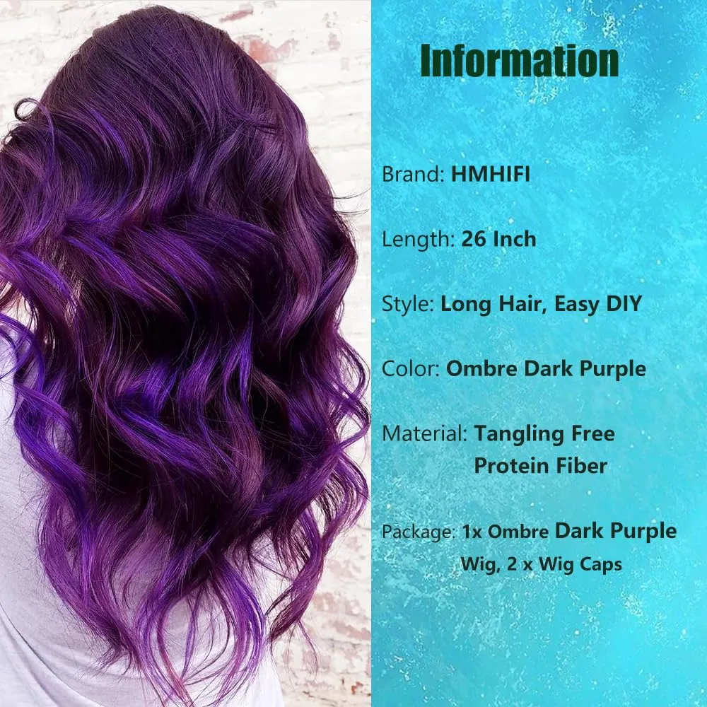Long Ombre Purple Wig for Women 26Inch Mixed Dark Purple Wavy Curly Hair Wigs Synthetic Hair Replacement Wig Heat Resistant Hair Wig for Daily Party Use(26'' Dark Purple)