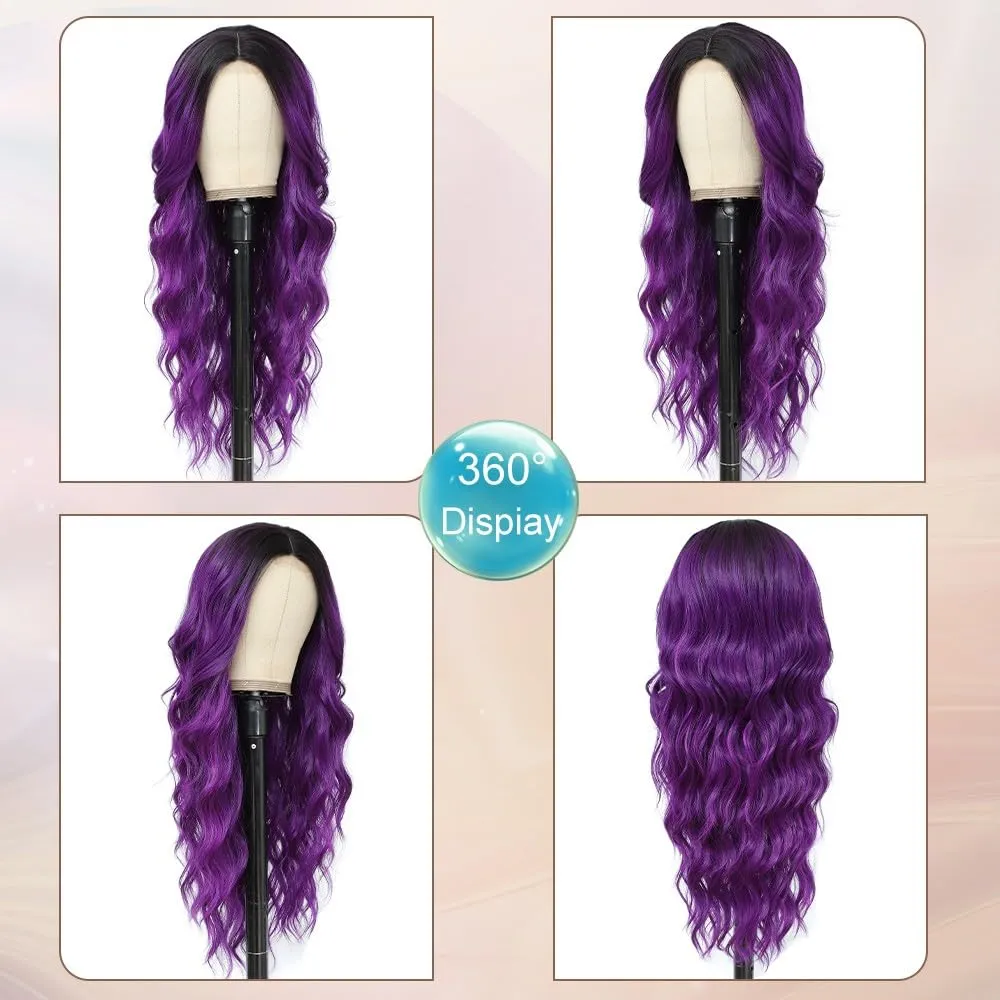 Long Ombre Purple Wig for Women 26Inch Mixed Dark Purple Wavy Curly Hair Wigs Synthetic Hair Replacement Wig Heat Resistant Hair Wig for Daily Party Use(26'' Dark Purple)